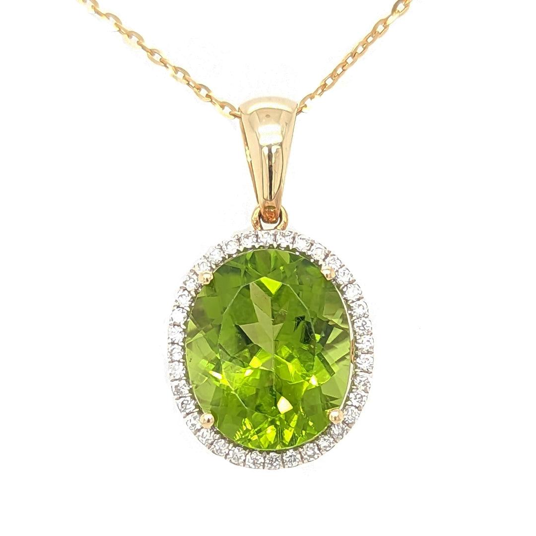 4.96ct Peridot and Diamond Halo Pendant in 18k Yellow Gold - The Rutile Ltd