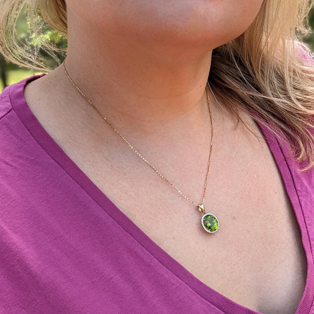 4.96ct Peridot and Diamond Halo Pendant in 18k Yellow Gold - The Rutile Ltd