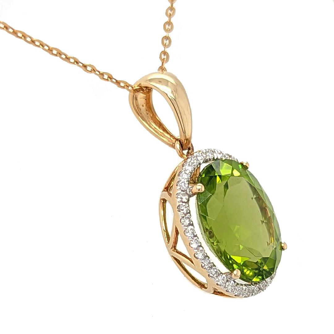 4.96ct Peridot and Diamond Halo Pendant in 18k Yellow Gold - The Rutile Ltd