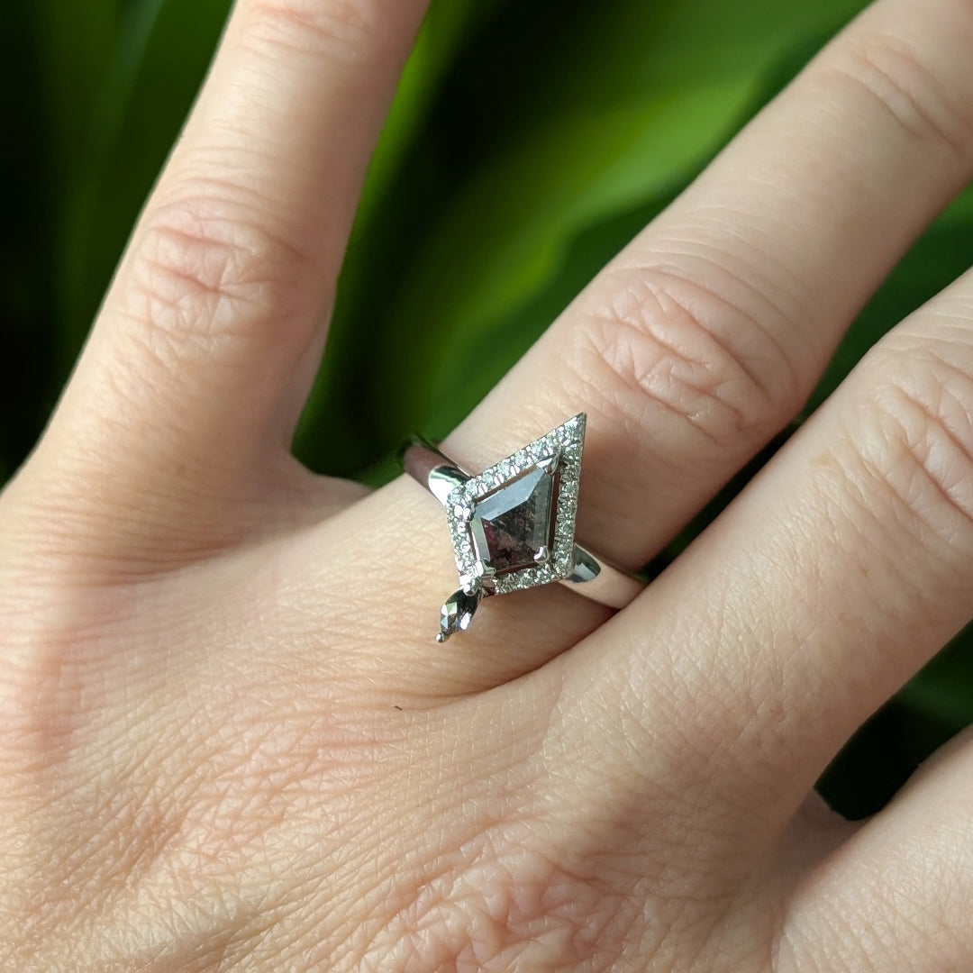 Kite Shaped Salt & Pepper Diamond Ring with White Diamond Halo and Salt & Pepper Marquise Accent in 14kt White Gold