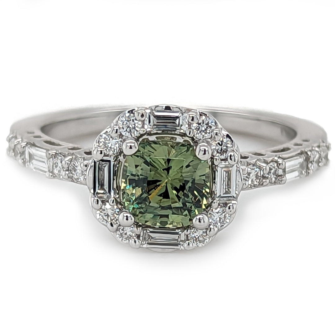 Demantoid Garnet and Baguette Diamond Ring in 14kt White Gold