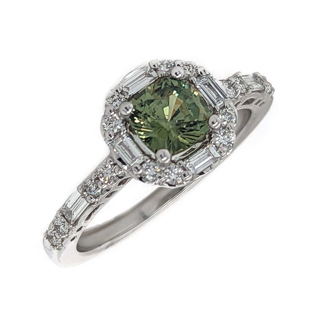 Demantoid Garnet and Baguette Diamond Ring in 14kt White Gold