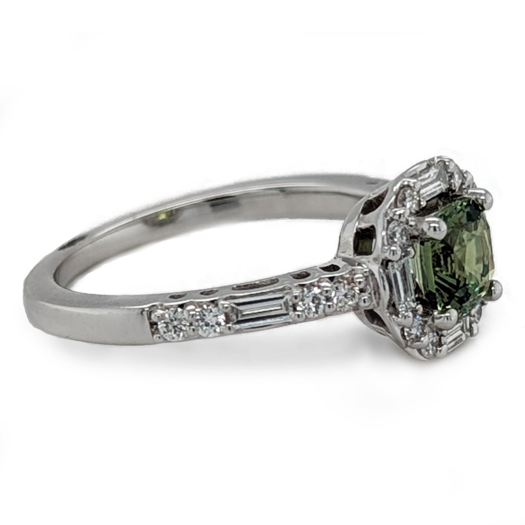 Demantoid Garnet and Baguette Diamond Ring in 14kt White Gold