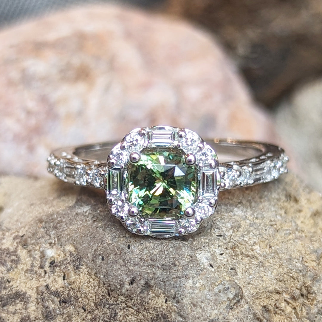 Demantoid Garnet and Baguette Diamond Ring in 14kt White Gold