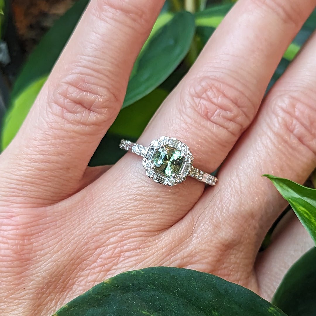 Demantoid Garnet and Baguette Diamond Ring in 14kt White Gold