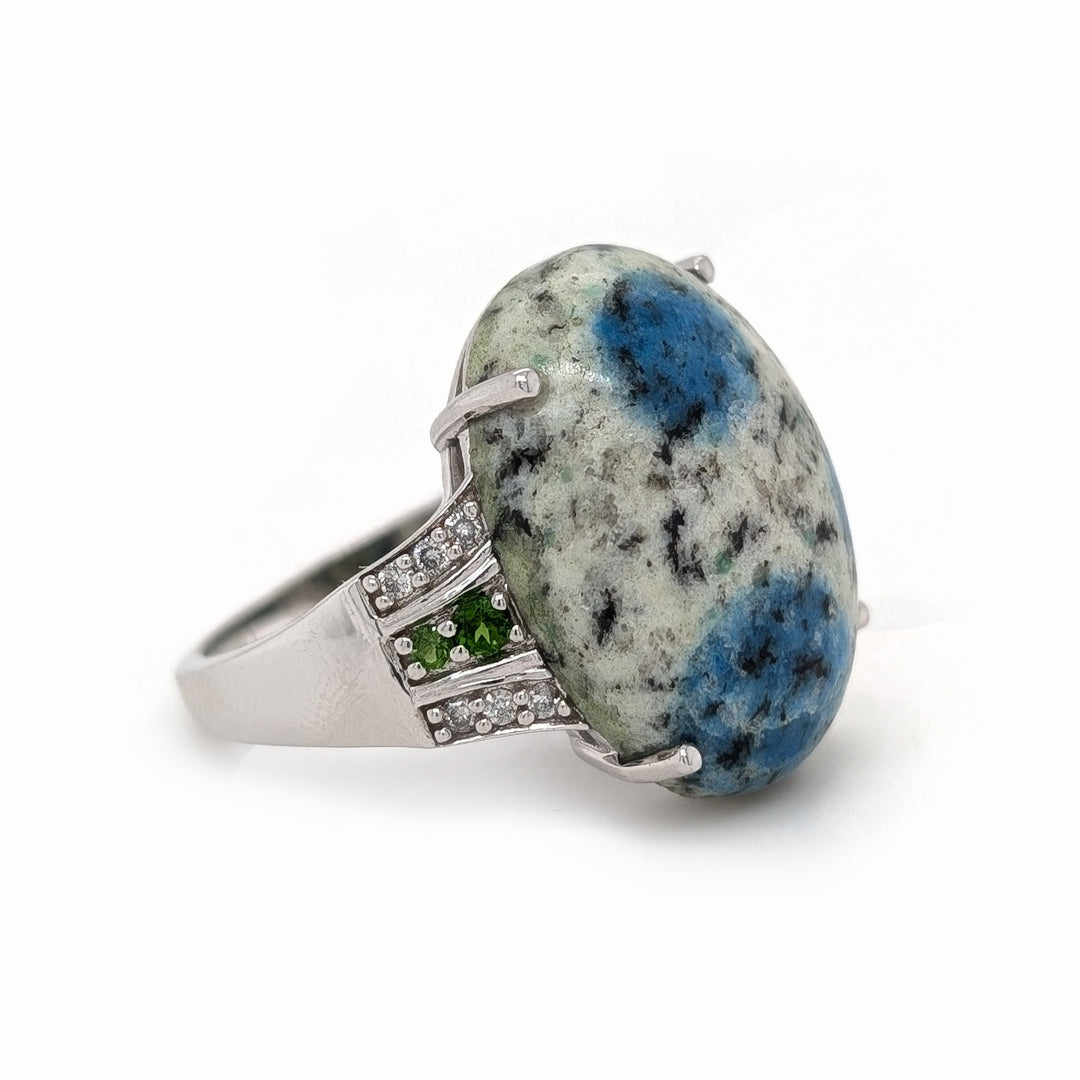 K2 Azurite, Chrome Diopside, and Diamond Ring in 14kt White Gold