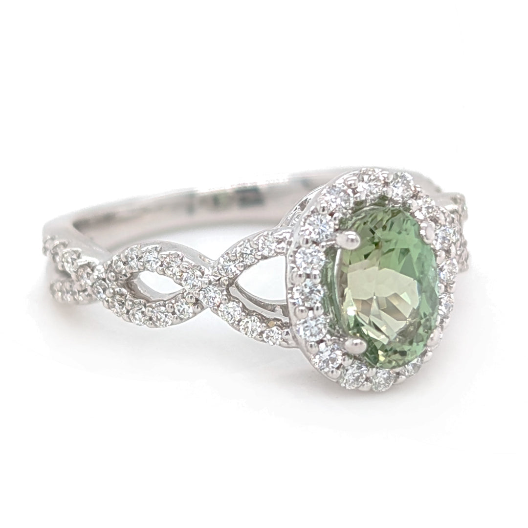 "Paramour" Mint Green Kornerupine set in 14kt White Gold Diamond Halo Ring