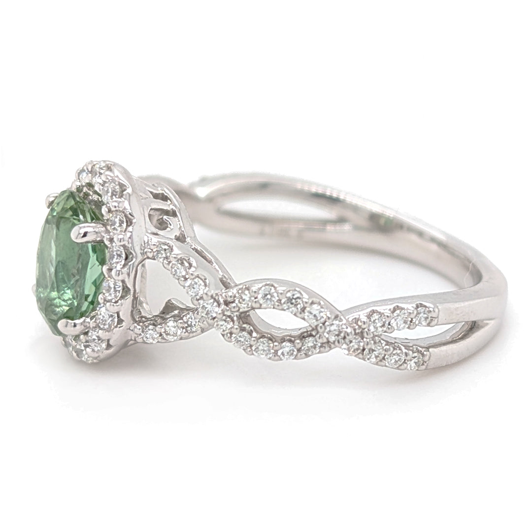"Paramour" Mint Green Kornerupine set in 14kt White Gold Diamond Halo Ring