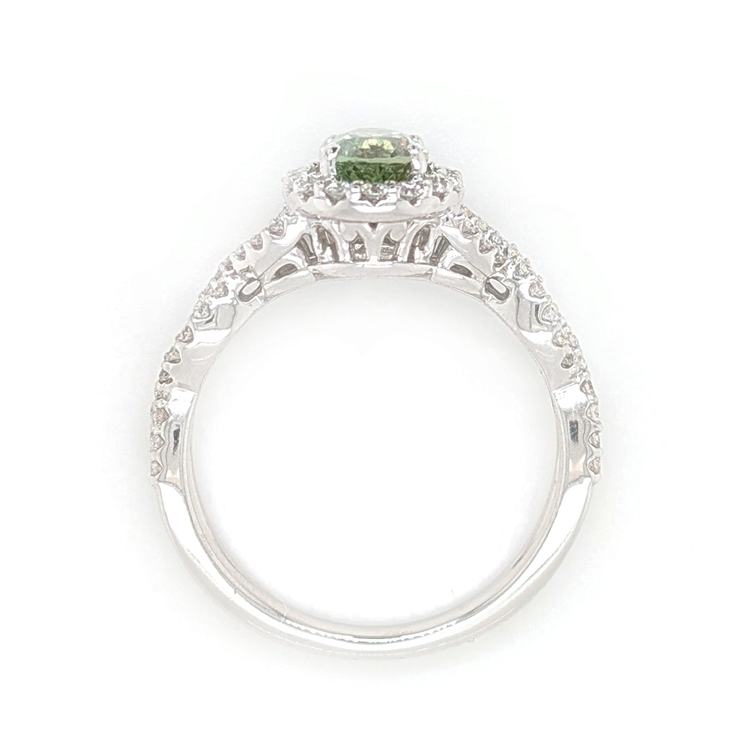 "Paramour" Mint Green Kornerupine set in 14kt White Gold Diamond Halo Ring
