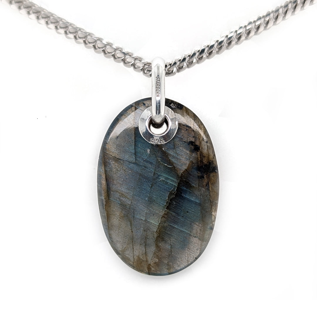 Oval Labradorite Grommet Pendant with 18" Sterling Silver Curb Chain