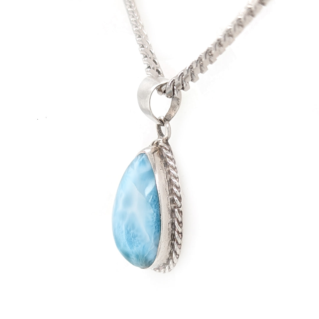 Larimar Pendant with Rope Detail in Sterling Silver on 18" Thick Curb Chain