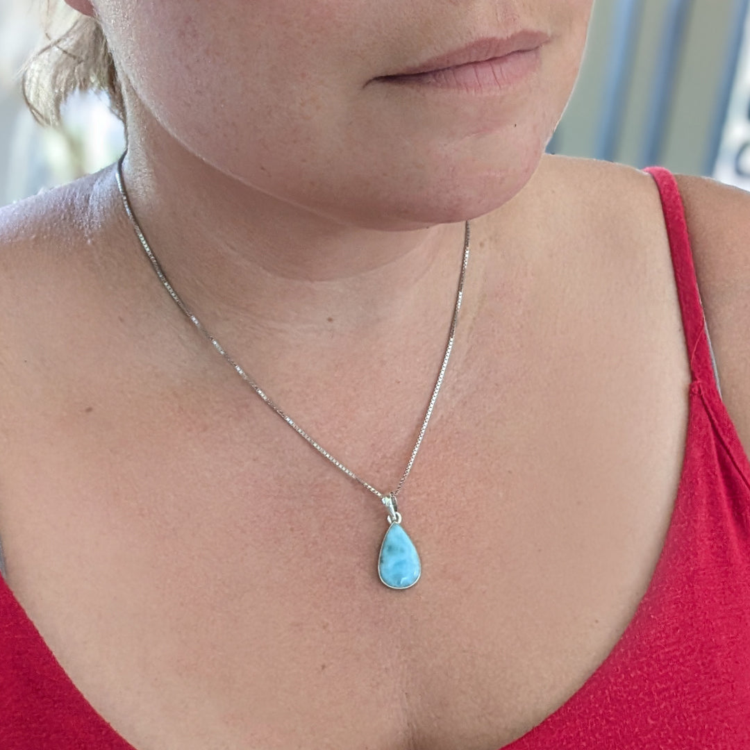 Pear-Shaped Larimar Pendant on Sterling Silver Box Chain
