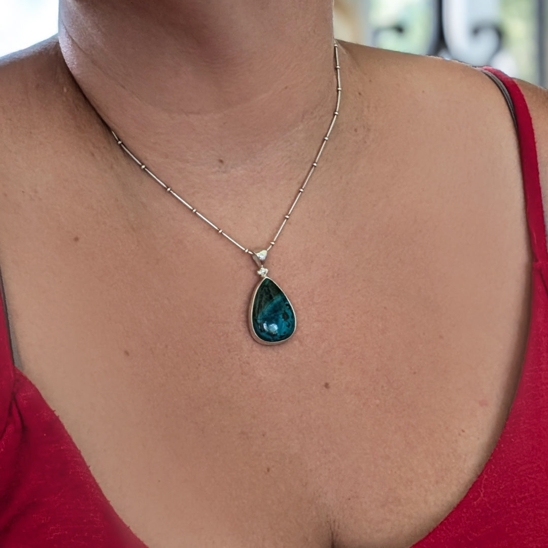 Peruvian Opal Pendant in Sterling Silver with 16" beaded snake chain with spring ring clasp