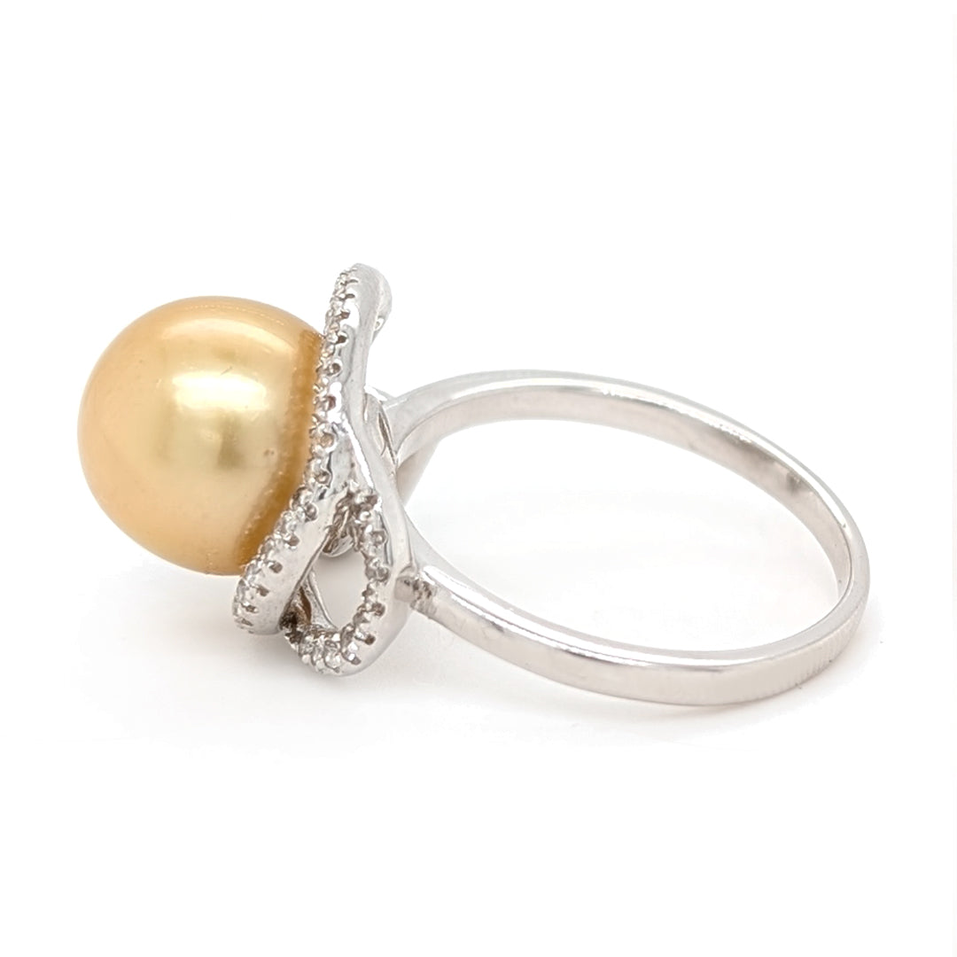 Golden South Sea Cultured Pearl Ring with White Topaz in Sterling Silver