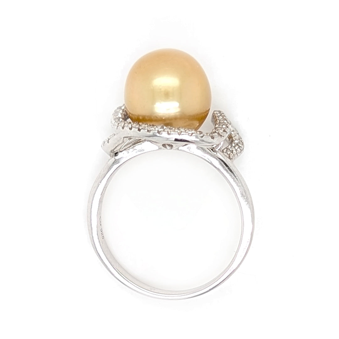 Golden South Sea Cultured Pearl Ring with White Topaz in Sterling Silver