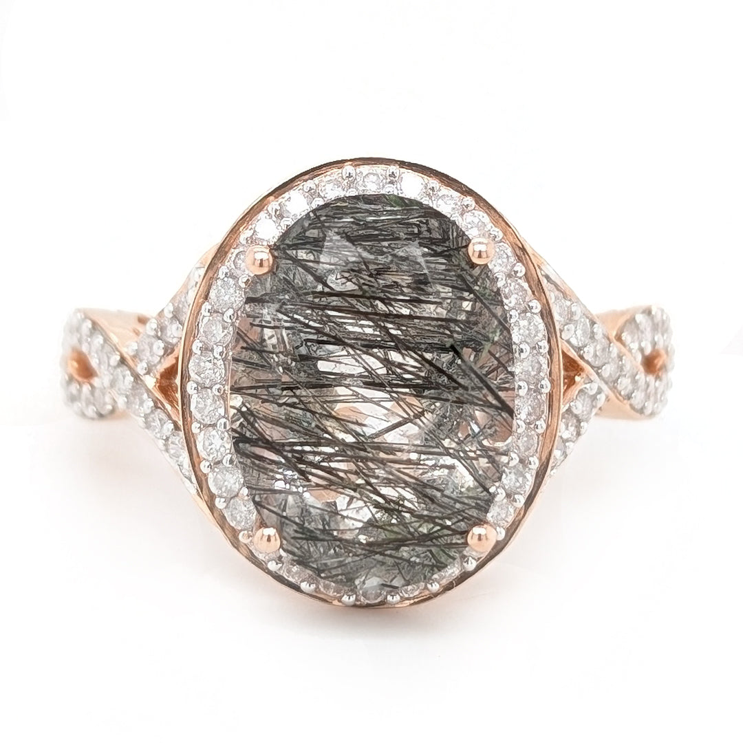 Tourmalated Quartz and Diamond Halo Ring in 14k Rose Gold