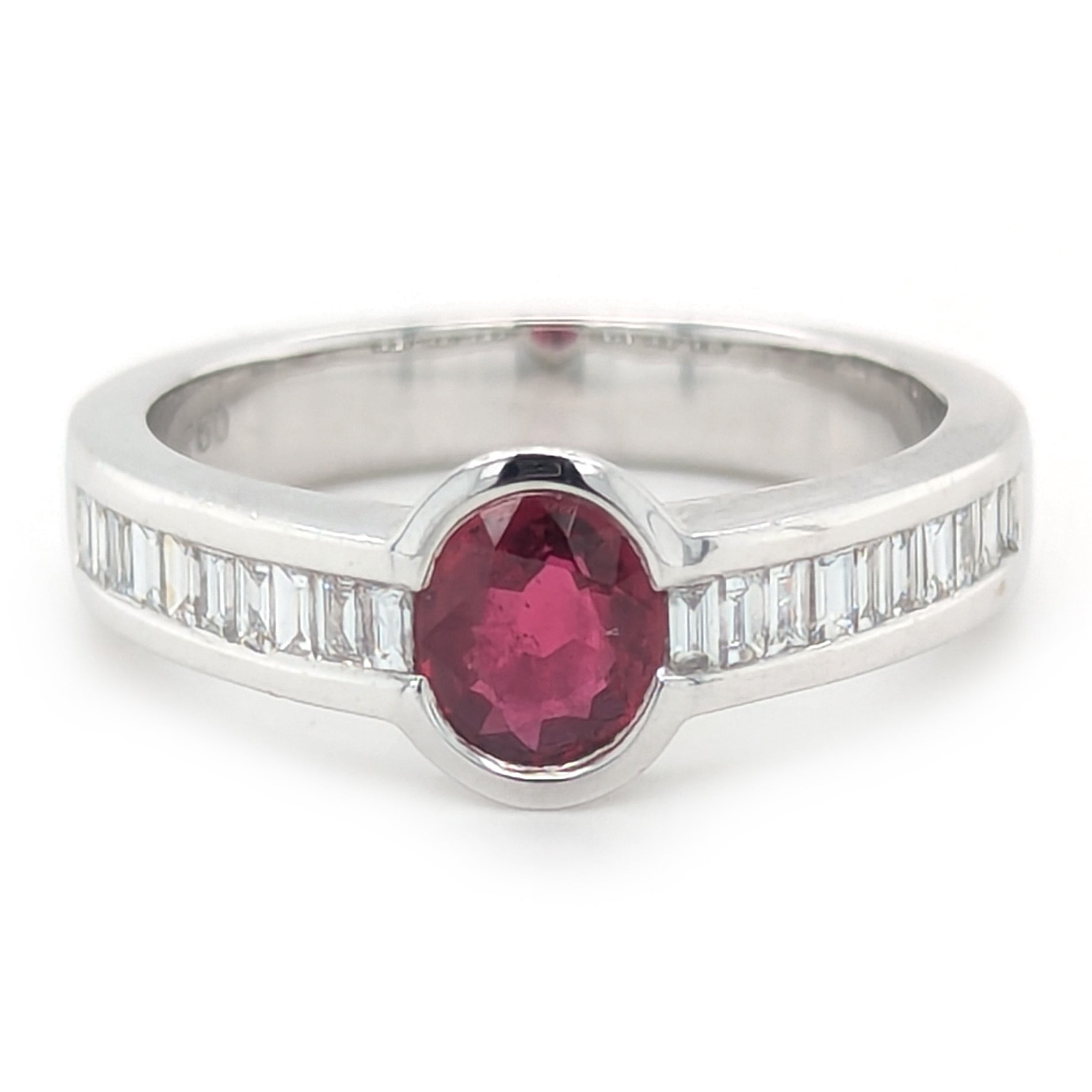 Bezel set Ruby and Baguette Diamond ring in 18kt white gold