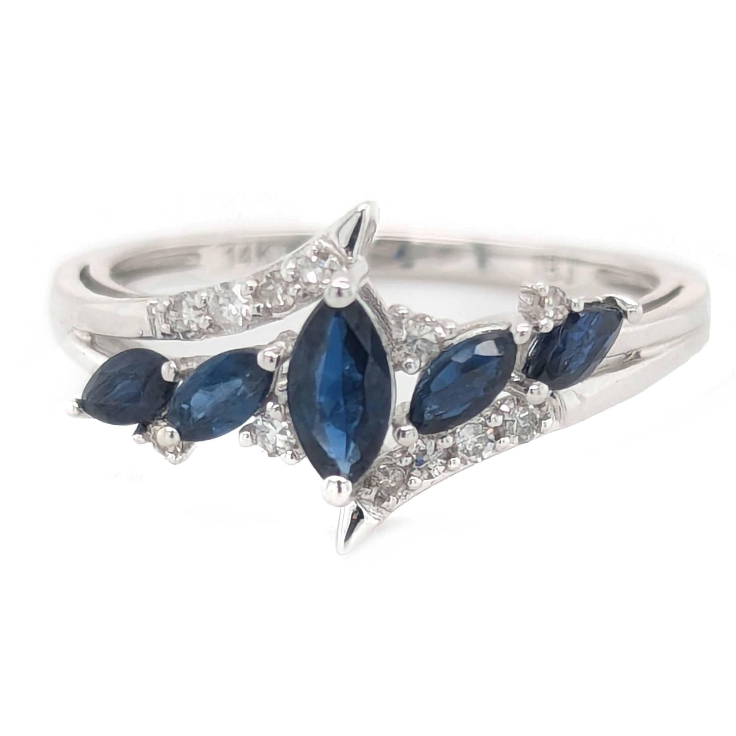 Blue Sapphire Marquise 5-Stone Ring with Diamonds in 14kt White Gold