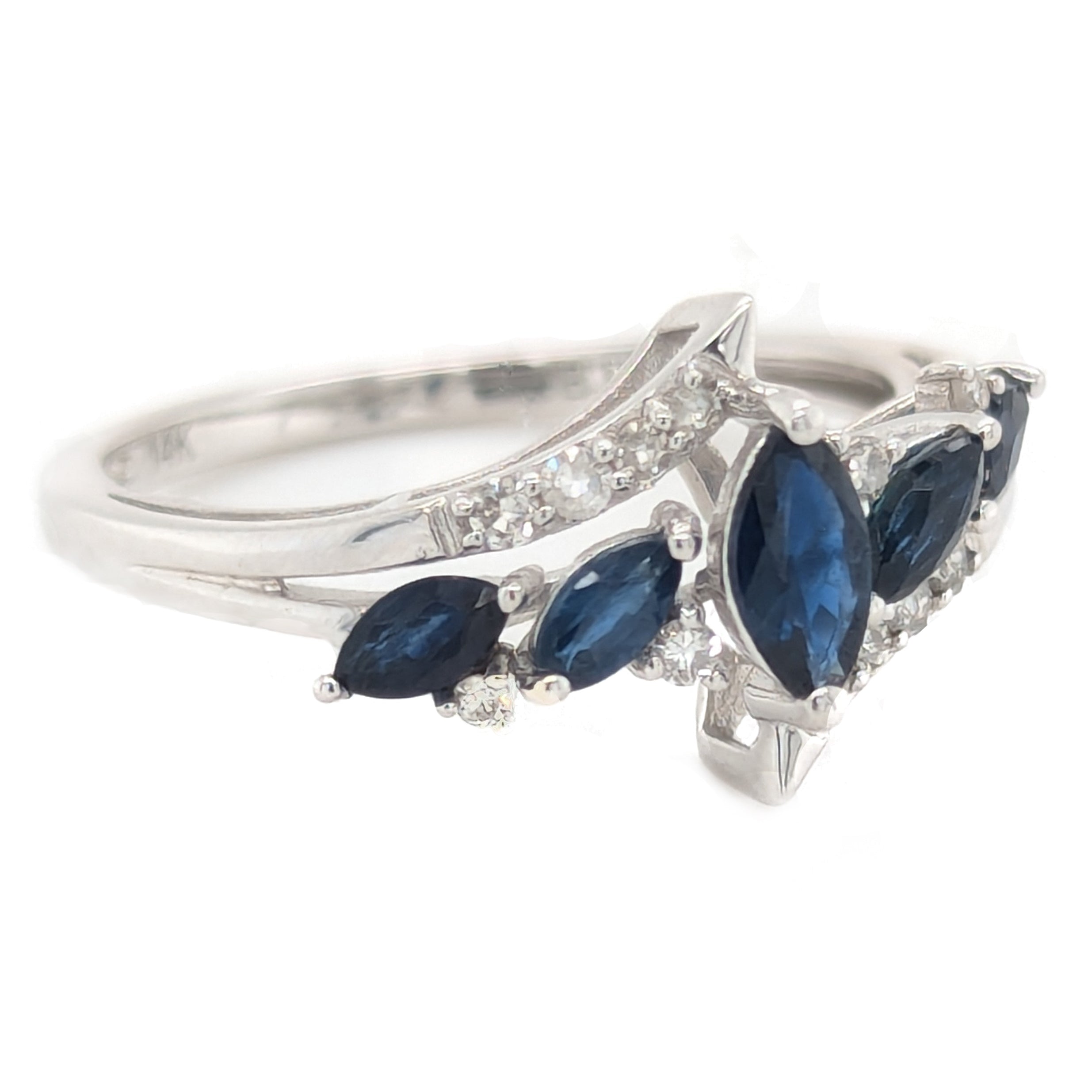 Blue Sapphire Marquise 5-Stone Ring with Diamonds in 14kt White Gold