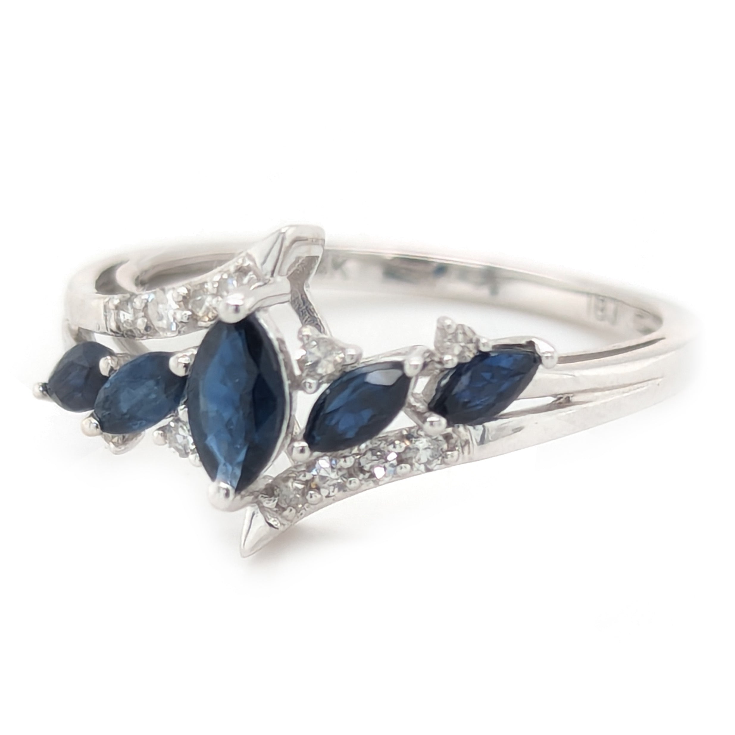 Blue Sapphire Marquise 5-Stone Ring with Diamonds in 14kt White Gold
