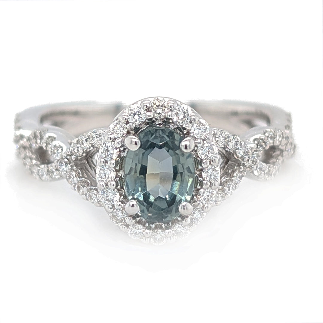 Grayish Blue Unheated Montana Sapphire set in 14k White Gold Diamond Halo Ring