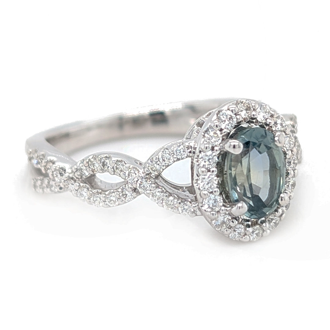 Grayish Blue Unheated Montana Sapphire set in 14k White Gold Diamond Halo Ring