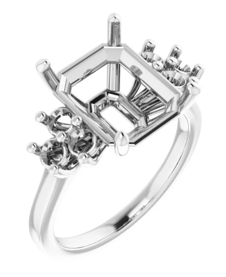14K X1 White 12x10 mm Emerald Cut Ring Mounting with six (6) 2.70mm natural diamonds