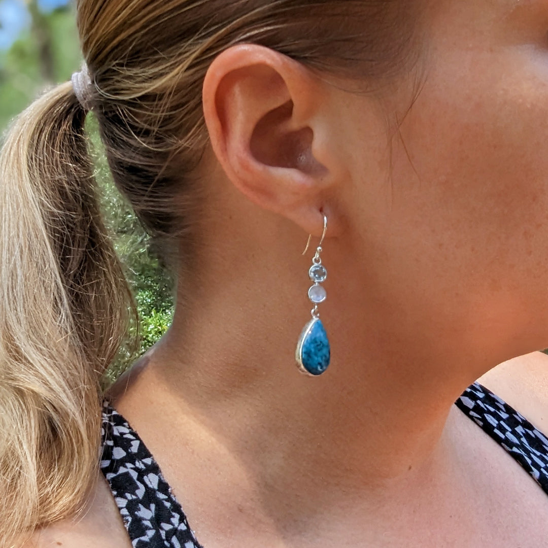 Turquoise, Rainbow Moonstone, and Blue Topaz Dangle Earrings in Sterling Silver