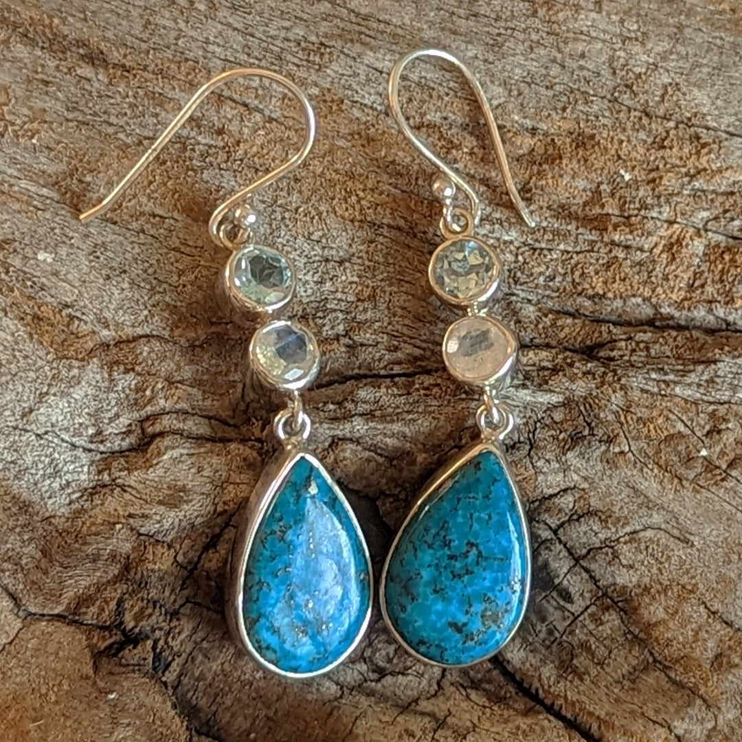 Turquoise, Rainbow Moonstone, and Blue Topaz Dangle Earrings in Sterling Silver