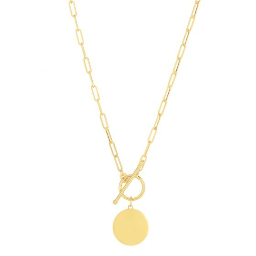 Disc and Toggle 14kt Yellow Gold 18" Paperclip Necklace - Engravable - The Rutile Ltd