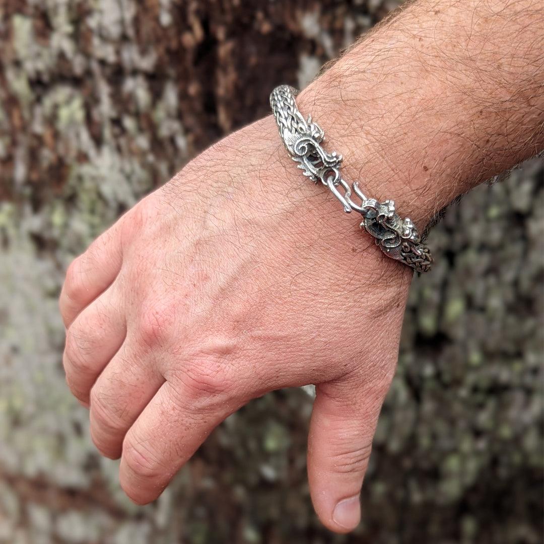 Handmade Heavy Woven Mexican Sterling Silver Bracelet with Dragons - 9" long - The Rutile Ltd