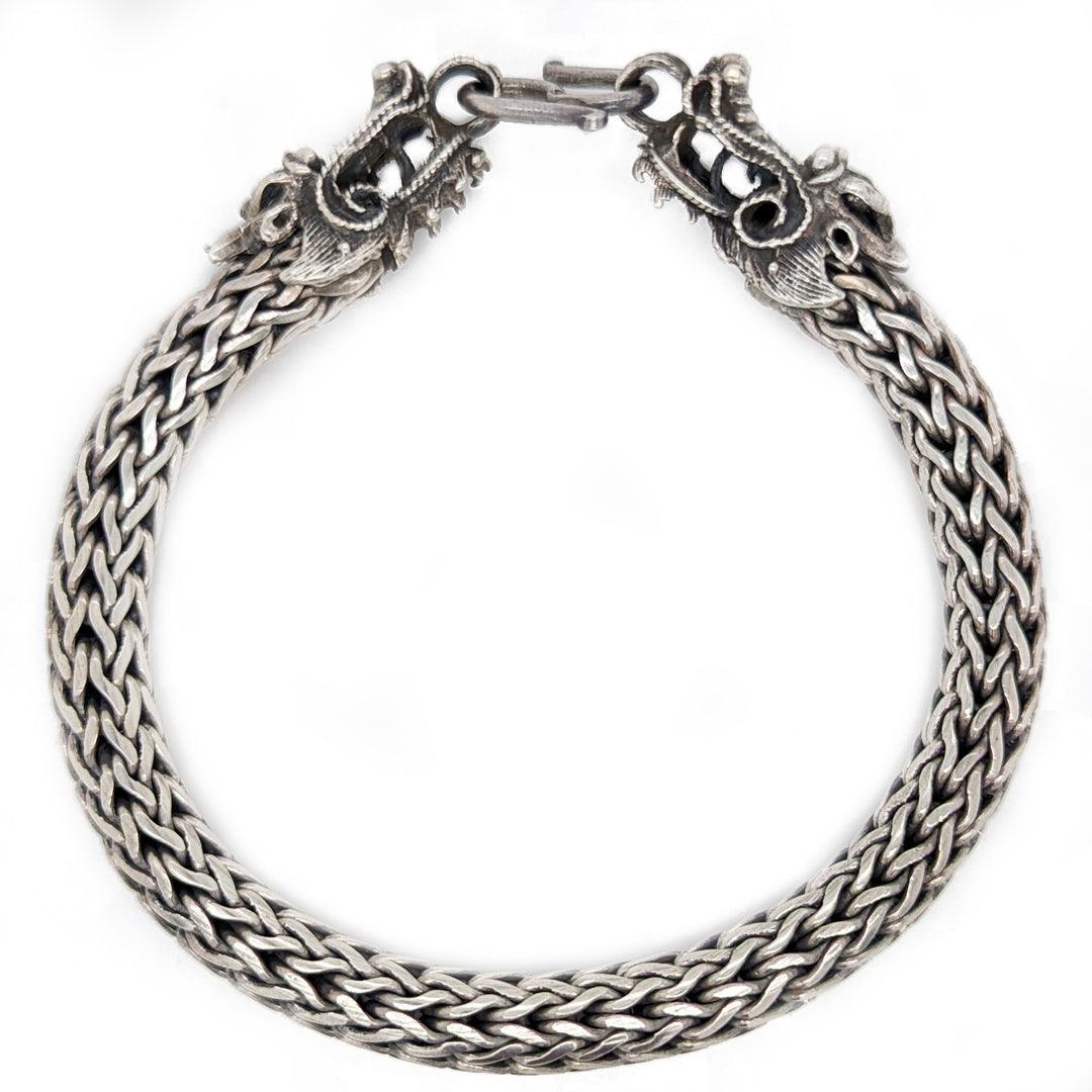 Handmade Heavy Woven Mexican Sterling Silver Bracelet with Dragons - 9" long - The Rutile Ltd