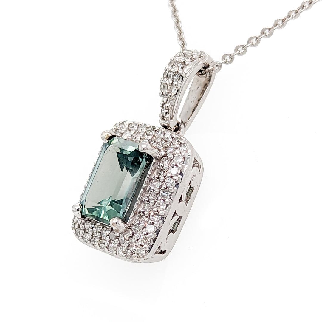 Light Blue-Green Montana Sapphire and Diamond 14kt White Gold Halo Pendant with Adjustable Chain - The Rutile Ltd