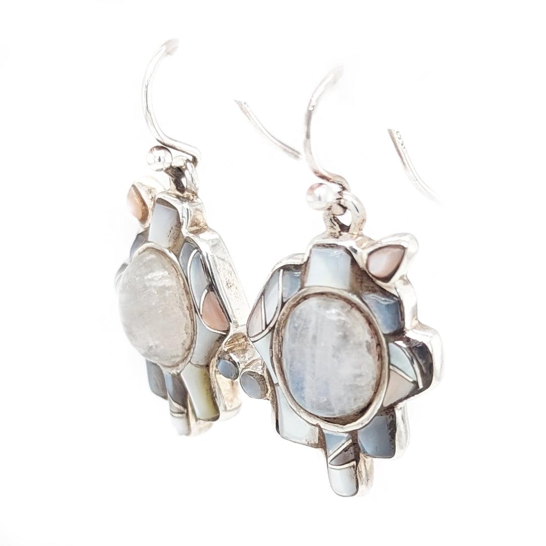 Moonstone and Shell Inlaid Dangle Earrings in Sterling Silver by Ed Lohman - The Rutile Ltd