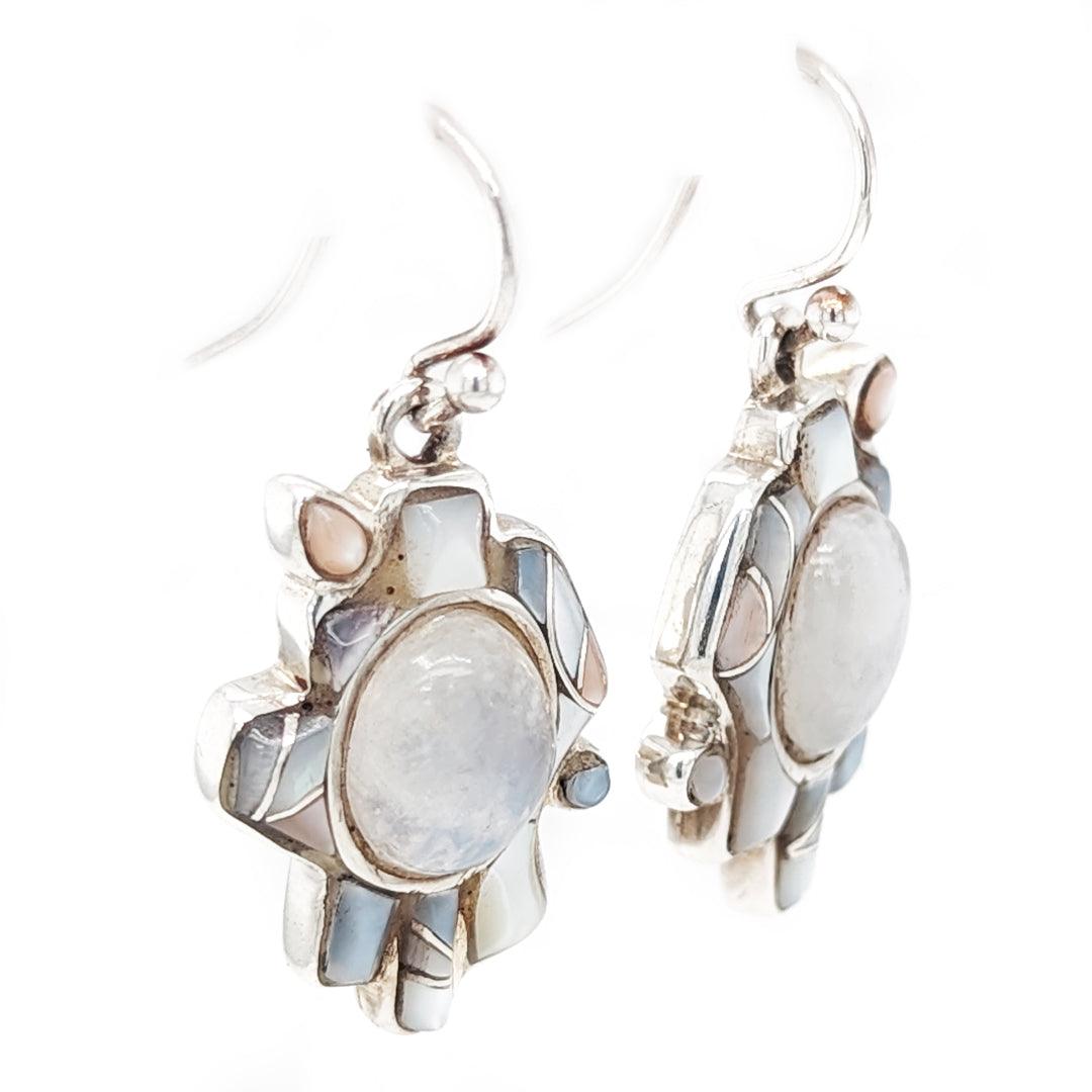 Moonstone and Shell Inlaid Dangle Earrings in Sterling Silver by Ed Lohman - The Rutile Ltd