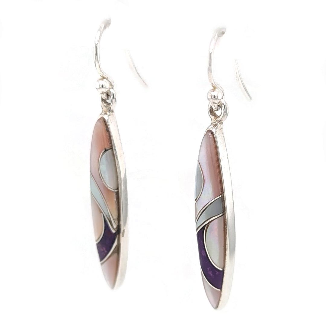 Mother of Pearl, Sugilite, and Tennessee River Pink Shell Sterling Silver Earrings by Ed Lohman - The Rutile Ltd