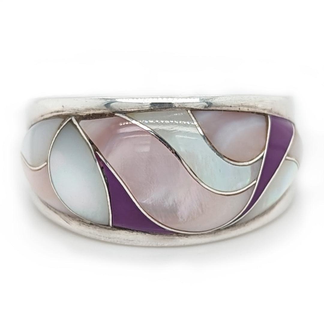 Mother of Pearl, Sugilite, and Tennessee River Pink Shell Sterling Silver Ring by Ed Lohman - The Rutile Ltd