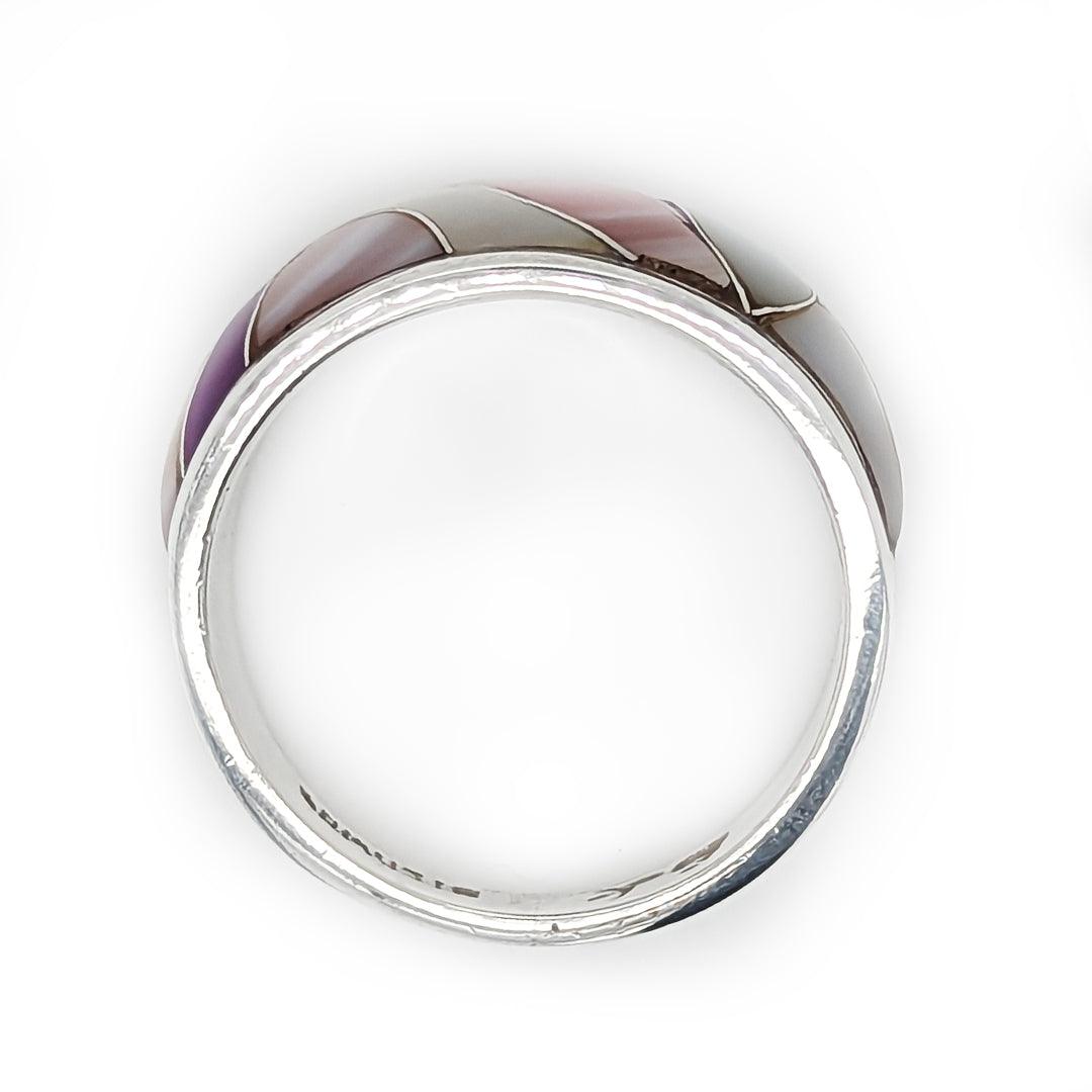 Mother of Pearl, Sugilite, and Tennessee River Pink Shell Sterling Silver Ring by Ed Lohman - The Rutile Ltd