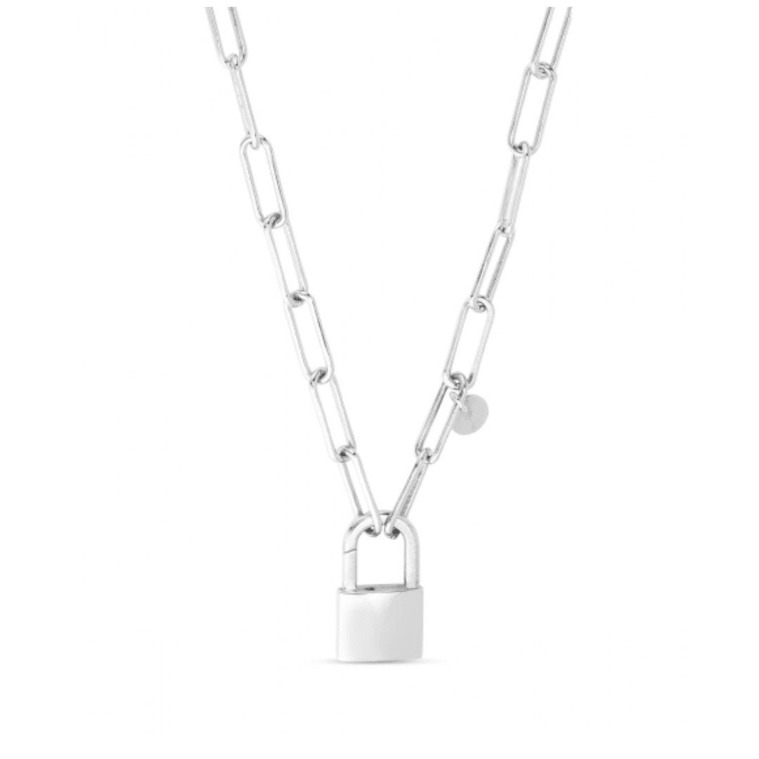 Pad Lock Link Sterling Silver Necklace on 22" Paperclip Chain - Engravable - The Rutile Ltd