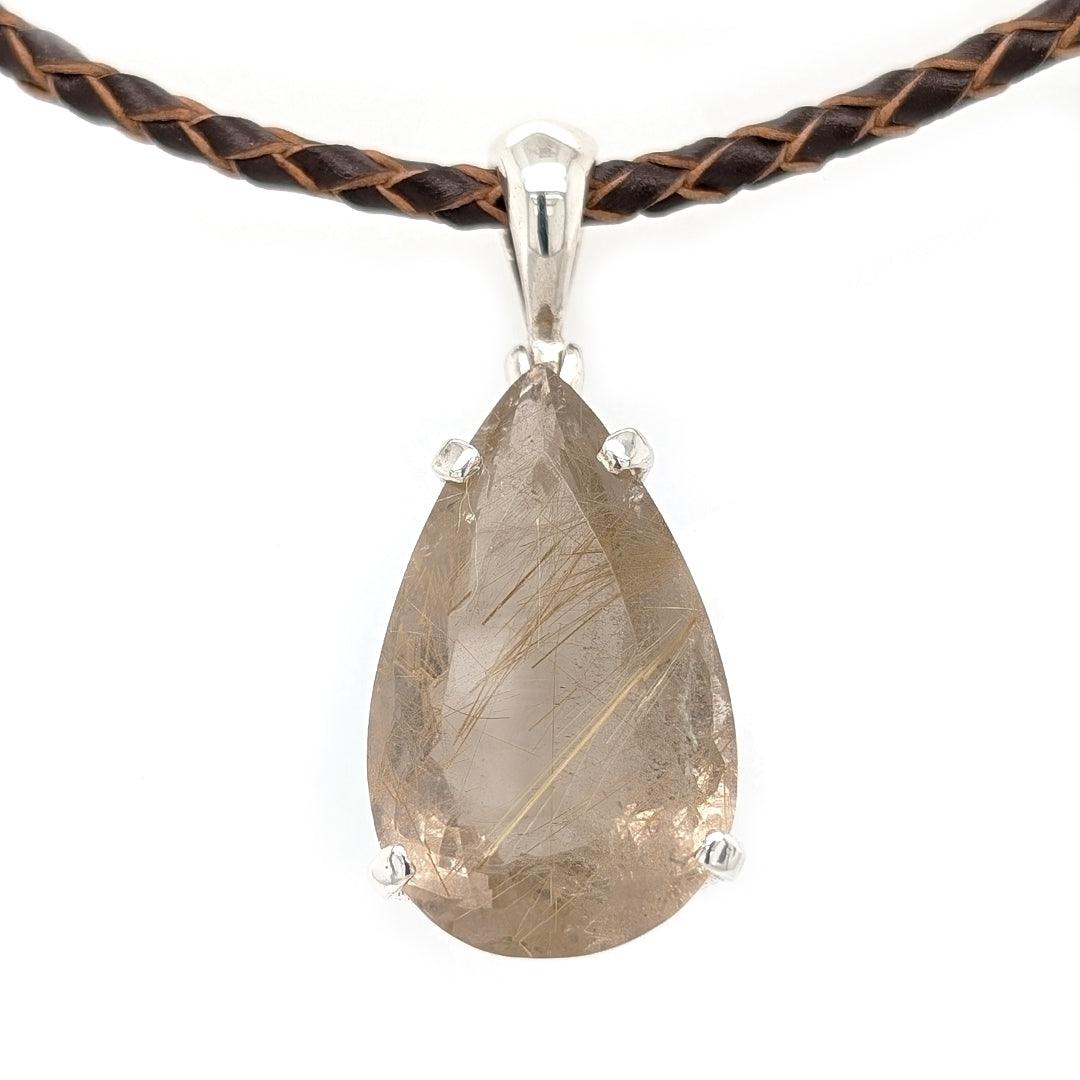 Pear Shaped Faceted Rutilated Quartz Sterling Silver Pendant on Braided Leather Cord - The Rutile Ltd