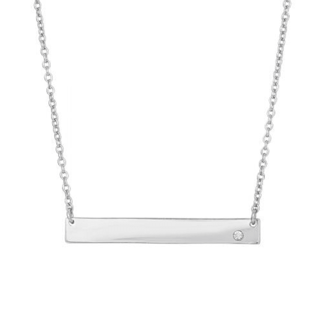 Polished ID Bar Necklace with Cubic Zirconia Accent in Sterling Silver on 18" Chain - Engravable - The Rutile Ltd