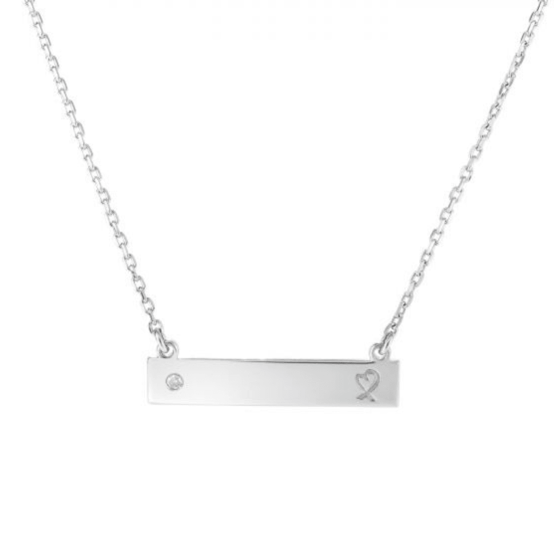 Polished ID Bar Necklace with Heart Ribbon and Diamond Accent in Sterling Silver on 18" Chain - Engravable - The Rutile Ltd