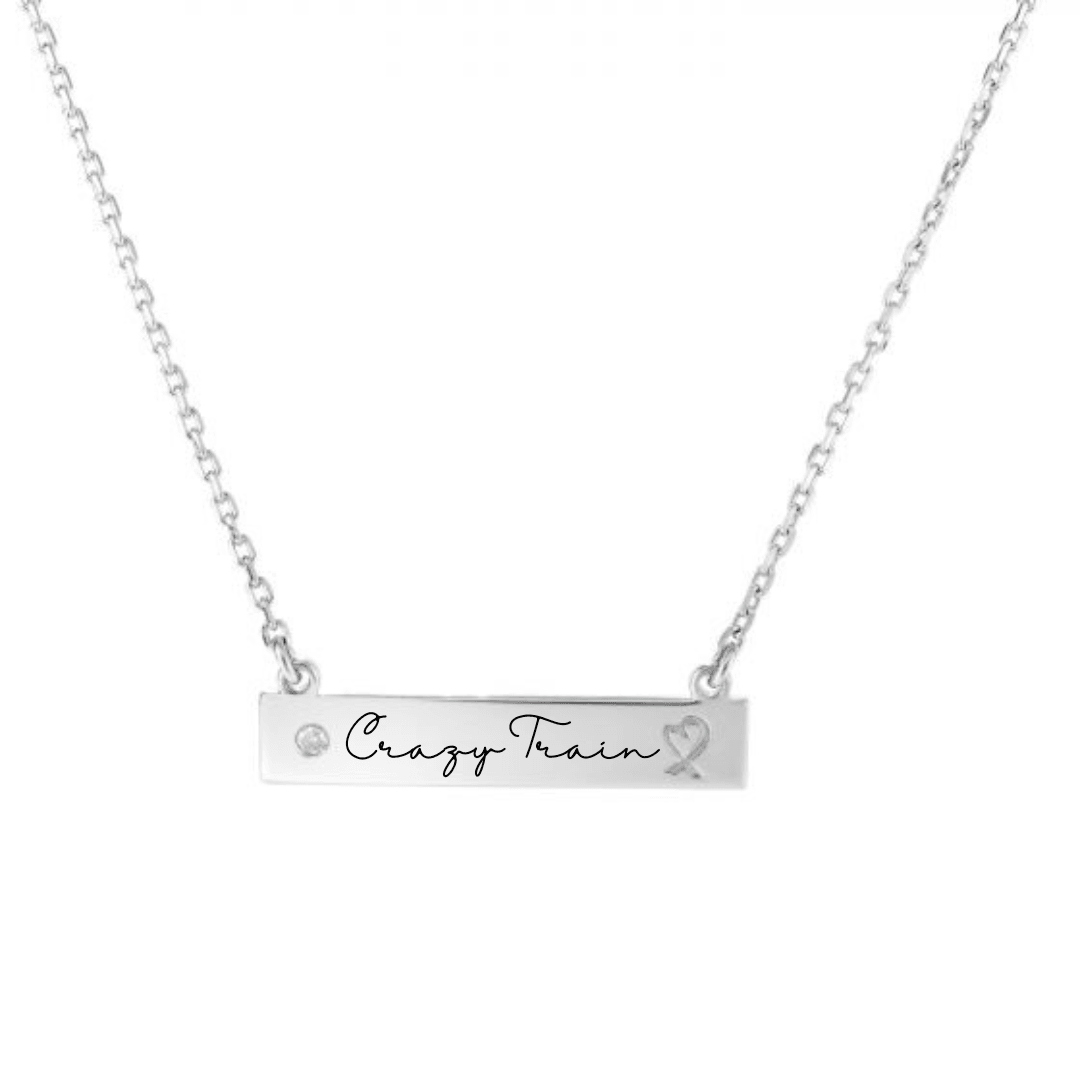 Polished ID Bar Necklace with Heart Ribbon and Diamond Accent in Sterling Silver on 18" Chain - Engravable - The Rutile Ltd