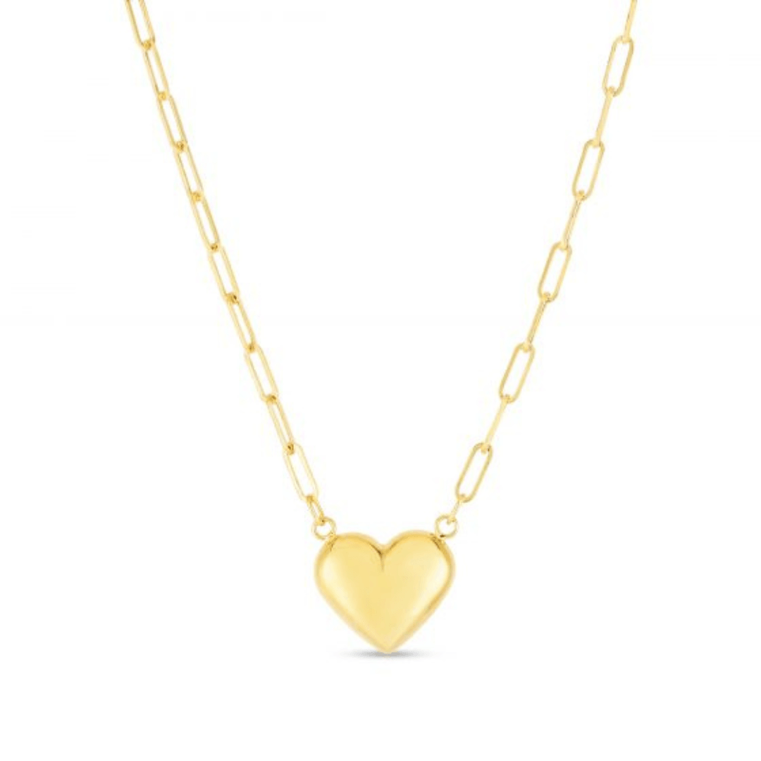 Puffed Heart 14kt Yellow Gold 18" Paperclip Necklace - Engravable - The Rutile Ltd