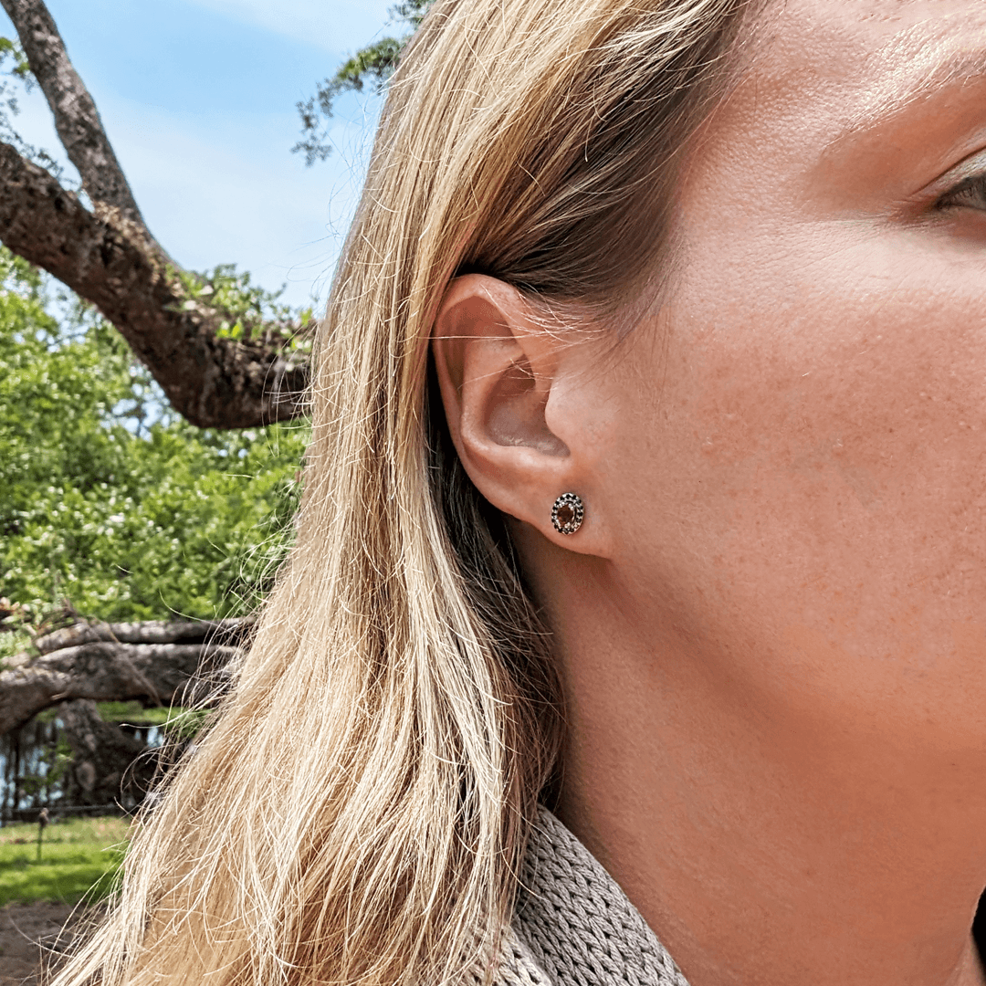 Ruby and Black Diamond Halo Stud Earrings in 14k White Gold - The Rutile Ltd