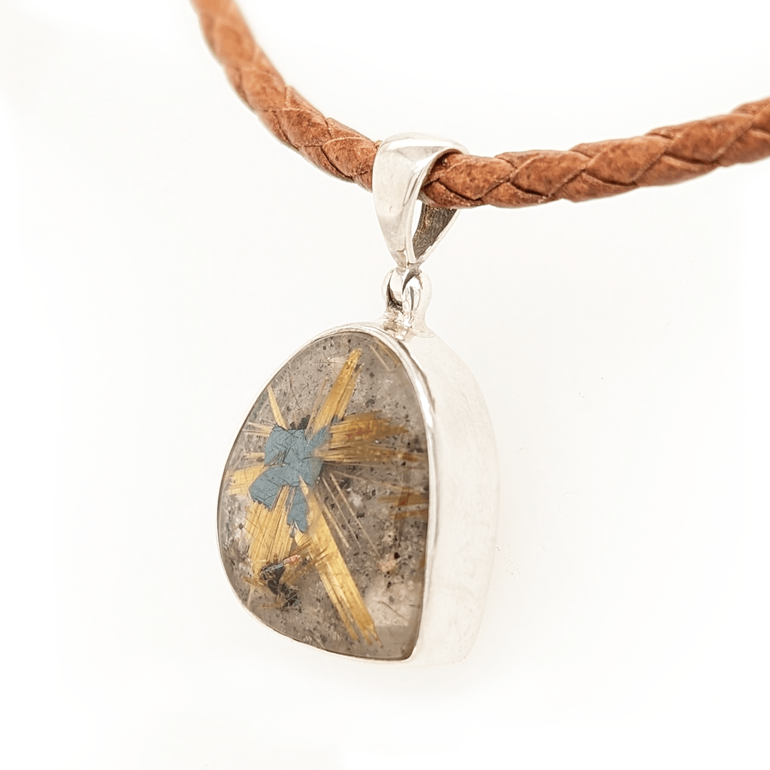 Rutilated Quartz Star Pendant in Sterling Silver on Leather Cord - The Rutile Ltd