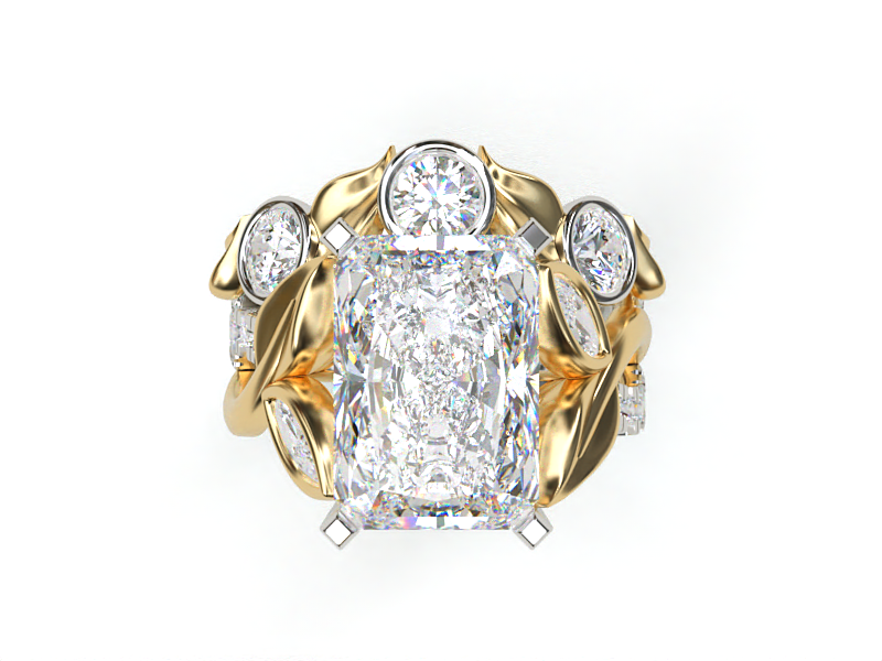 Lady's Custom 14kt Two Toned Wedding Band with leaves and bezel set stones - Deposit