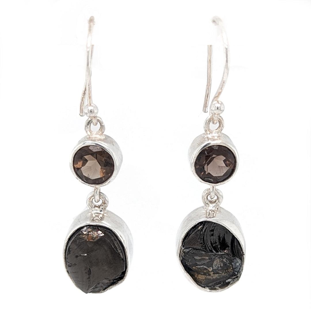 Shungite and Smokey Quartz Sterling Silver Dangle Earrings - The Rutile Ltd