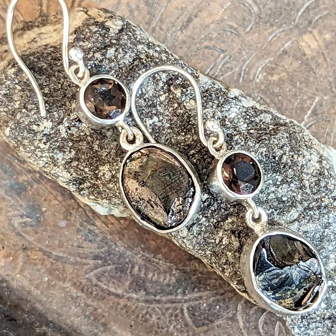 Shungite and Smokey Quartz Sterling Silver Dangle Earrings - The Rutile Ltd