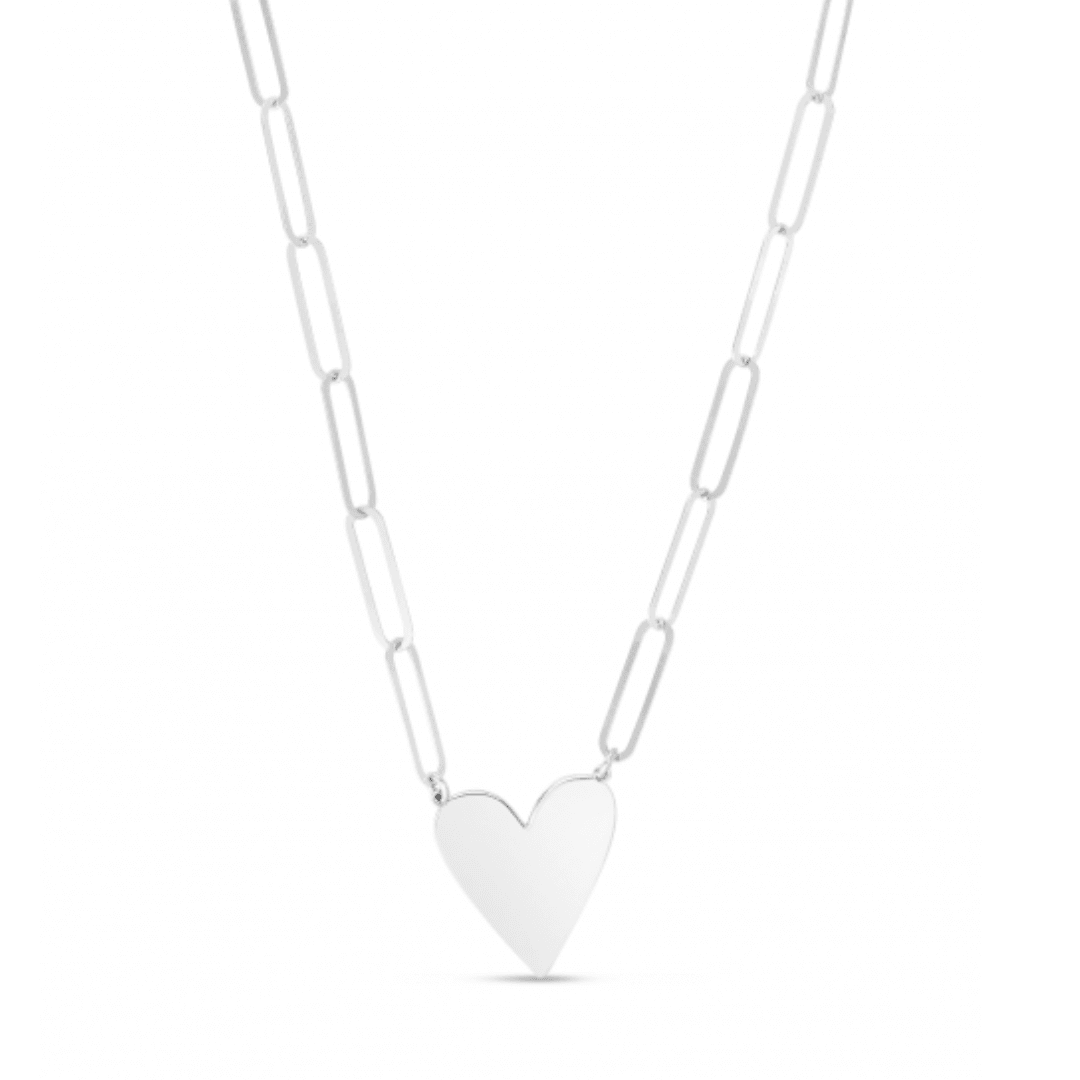 Sterling Silver Polished Heart Necklace on 18" Paperclip Chain - Engravable - The Rutile Ltd